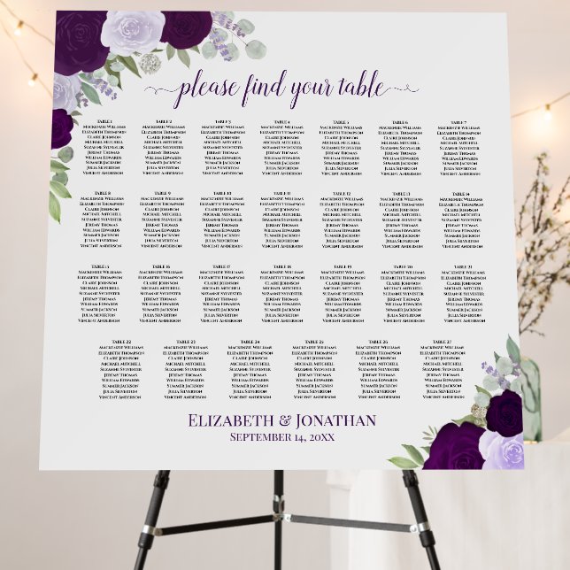 27 Table Purple Boho Floral Wedding Seating Chart Foam Board (In Situ (Stand))