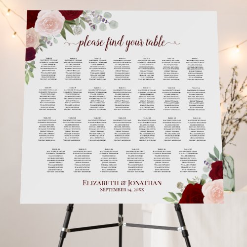 27 Table Red  Pink Floral Wedding Seating Chart Foam Board