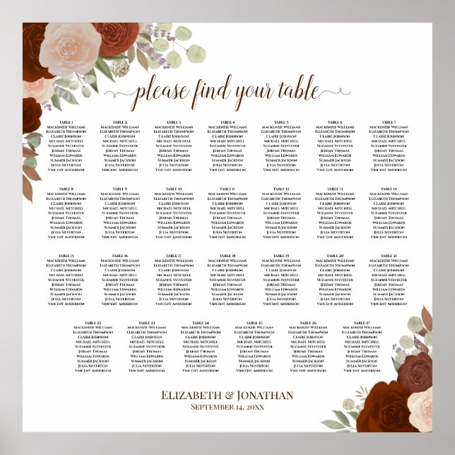 27 Table Rust Orange Roses Wedding Seating Chart (Front)