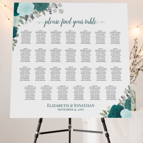 27 Table Teal Boho Floral Wedding Seating Chart Foam Board