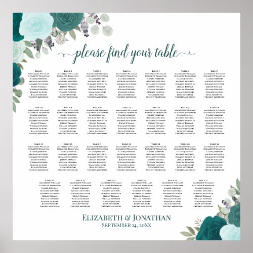 27 Table Teal Roses Elegant Wedding Seating Chart