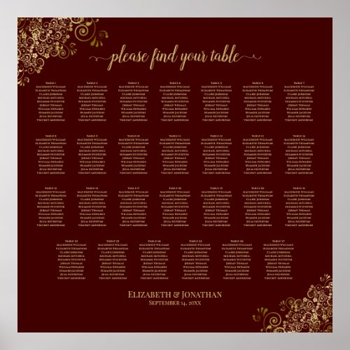27 Table Wedding Seating Chart Auburn  Lacy Gold