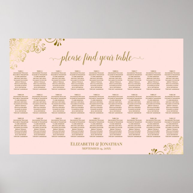 27 Table Wedding Seating Chart Blush Pink & Gold (Front)