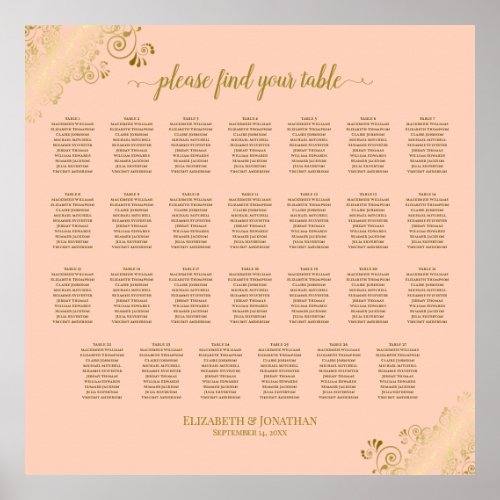 27 Table Wedding Seating Chart Coral Peach  Gold