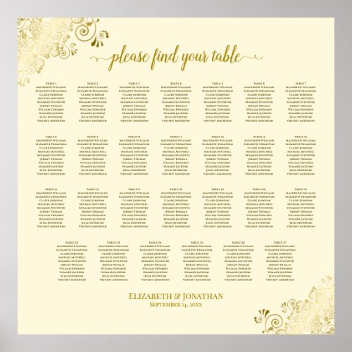 27 Table Wedding Seating Chart Cream  Gold Frills