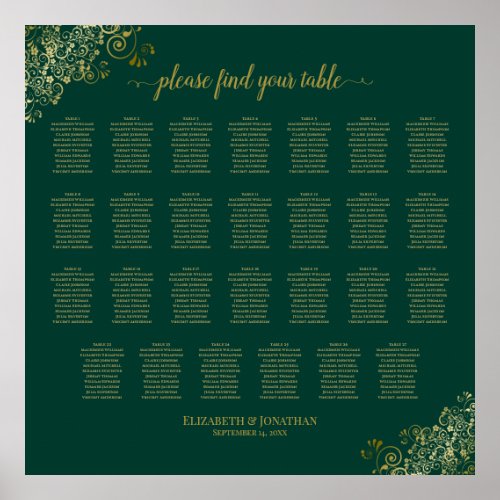 27 Table Wedding Seating Chart Emerald Green Gold