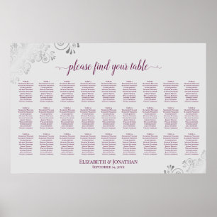 27 Table Wedding Seating Chart Magenta Plum & Gray