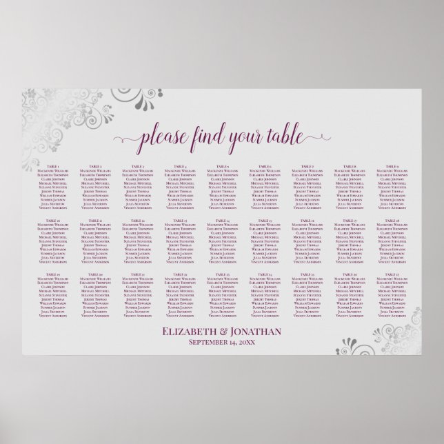 27 Table Wedding Seating Chart Magenta Plum & Gray (Front)