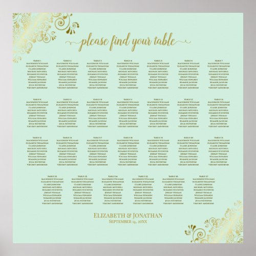 27 Table Wedding Seating Chart Mint Green  Gold