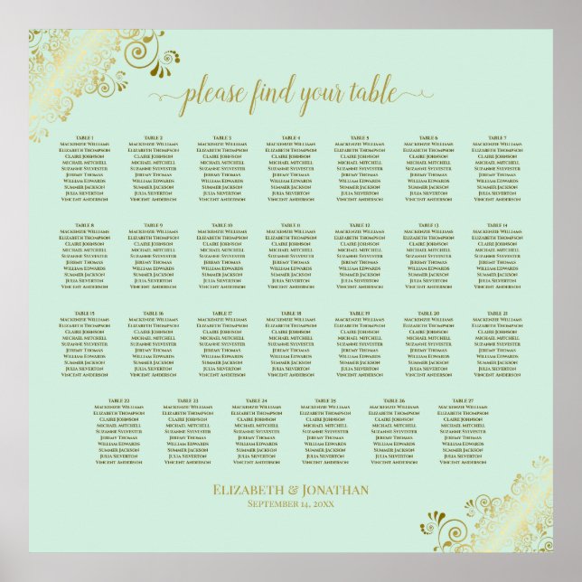 27 Table Wedding Seating Chart Mint Green & Gold (Front)