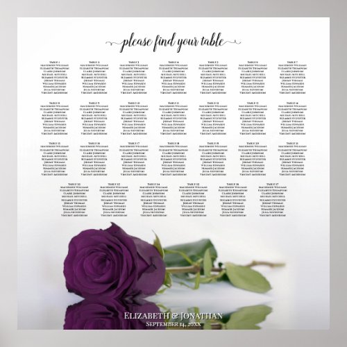 27 Table Wedding Seating Chart Plum Purple Rose