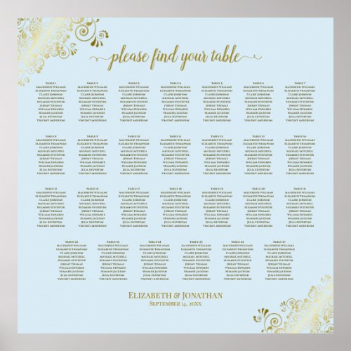 27 Table Wedding Seating Chart Powder Blue  Gold