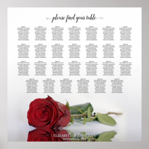 27 Table Wedding Seating Chart Romantic Red Rose