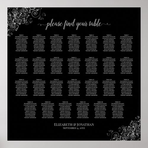 27 Table Wedding Seating Chart Silver Frills Black