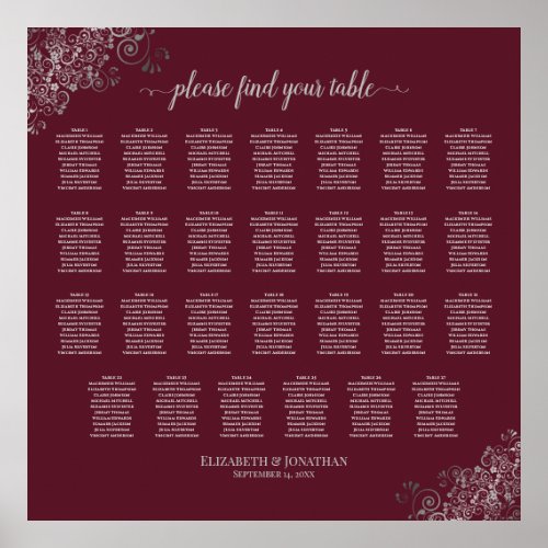 27 Table Wedding Seating Chart Silver on Burgundy