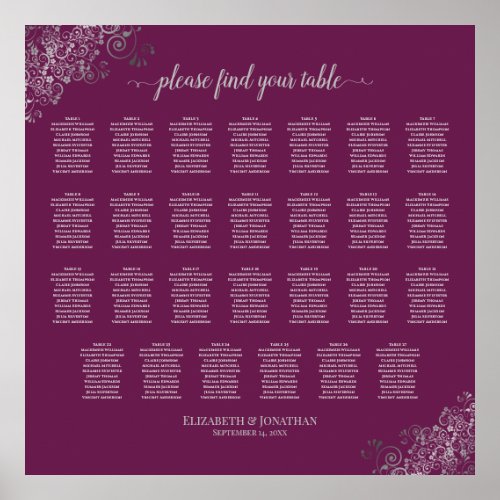 27 Table Wedding Seating Chart Silver on Cassis