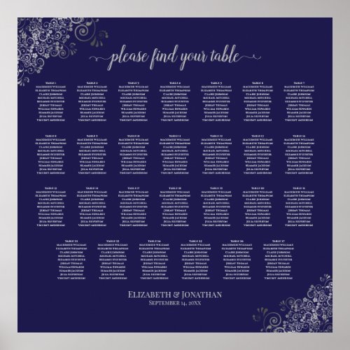 27 Table Wedding Seating Chart Silver on Navy Blue