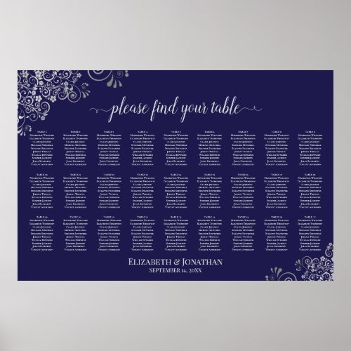 27 Table Wedding Seating Chart Silver on Navy Blue