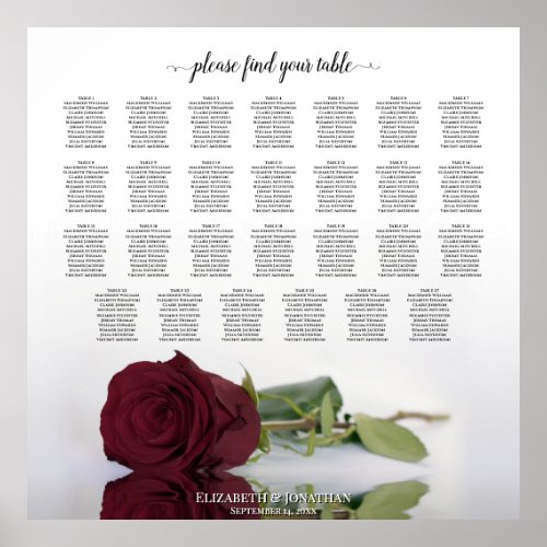 27 Table Wedding Seating Chart with Burgundy Rose