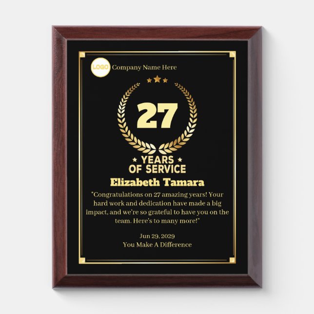 27 Years Employee Anniversary Appreciation Message Award Plaque (Vertical)