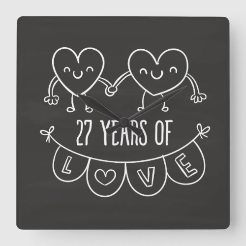 27th Anniversary Gift Chalk Hearts Square Wall Clock