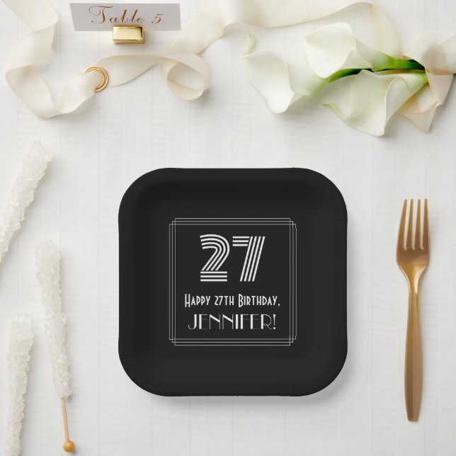 27th Birthday — Art Deco Inspired Look “27” + Name Paper Plates (Wedding)