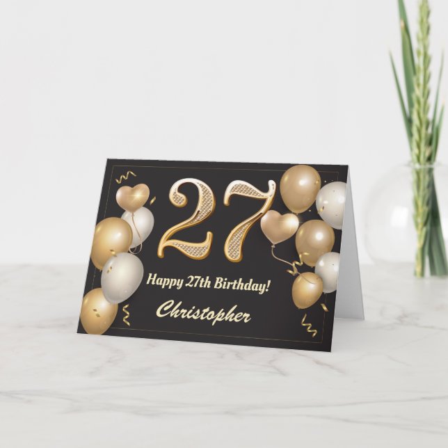 27th Birthday Black and Gold Balloons Birthday Card (Front)