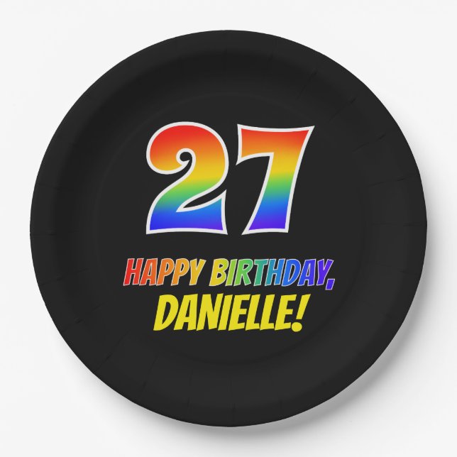 27th Birthday: Bold, Fun, Simple, Rainbow 27 Paper Plates (Front)