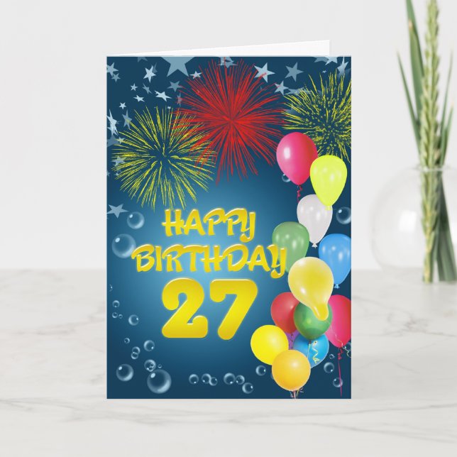 27th Birthday card with fireworks and balloons (Front)