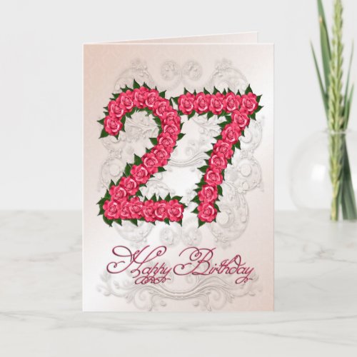 27th birthday card with roses and leaves