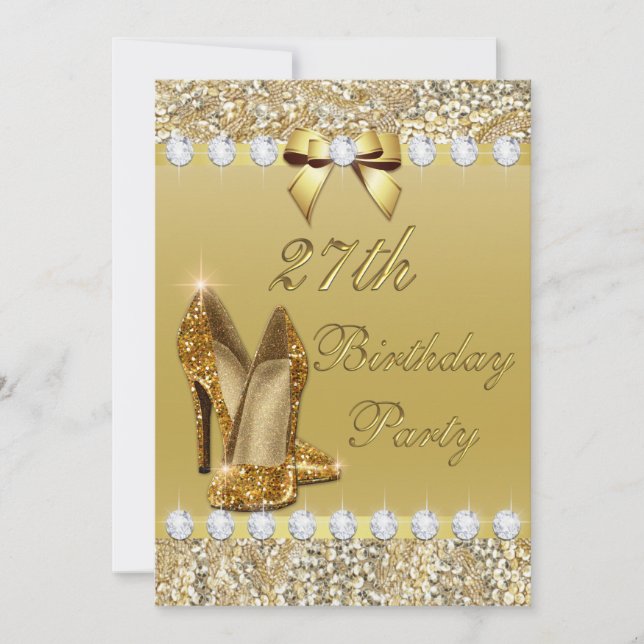 27th Birthday Classy Gold Heels Sequins Diamonds Invitation (Front)
