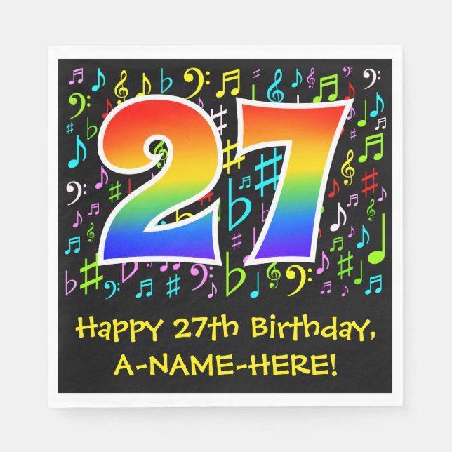 27th Birthday - Colorful Music Symbols, Rainbow 27 Napkins (Front)