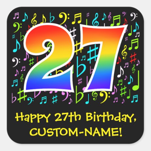 27th Birthday Colorful Music Symbols Rainbow 27 Square Sticker