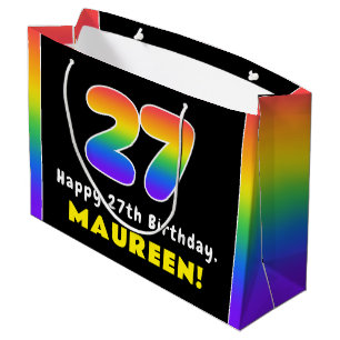 27th Birthday: Colorful Rainbow # 27, Custom Name Large Gift Bag