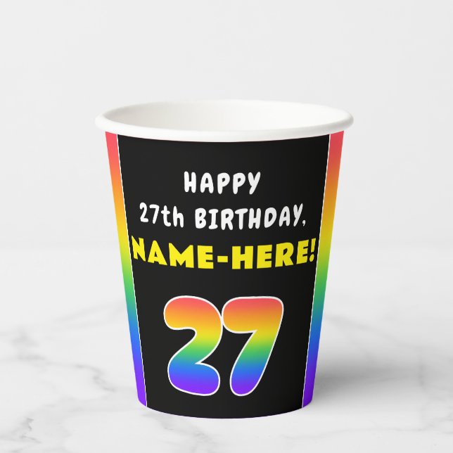 27th Birthday: Colorful Rainbow # 27, Custom Name Paper Cups (Front)