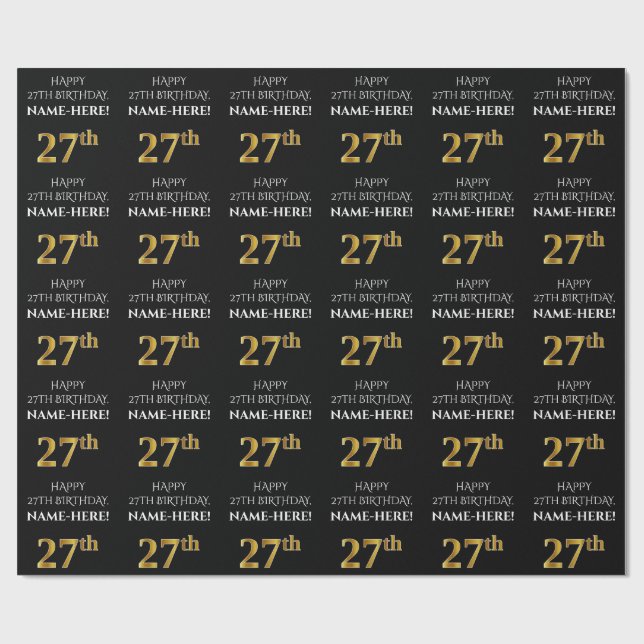 27th Birthday: Elegant, Black, Faux Gold Look Wrapping Paper (Flat)