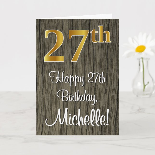 27th Birthday: Elegant Faux Gold Look #, Faux Wood Card (Small Plant)