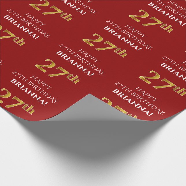 27th Birthday: Elegant, Red, Faux Gold Look Wrapping Paper (Corner)
