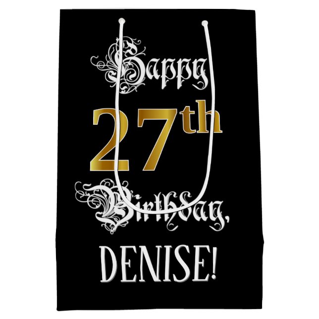 27th Birthday ~ Fancy Script; Faux Gold Look; Name Medium Gift Bag (Back)