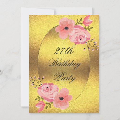 27th Birthday Faux Gold Foil Watercolor Flowers Invitation - 27th birthday watercolor flowers faux gold foil floral personalized custom invites. A beautiful, modern invite with contemporary fake gold foil background and pretty pink watercolor flowers on a digital image of gold foil oval shape with black outline and elegant black text in a fancy cursive font.  Classy, cute, chic, feminine, girly, ornate, double sided invites. All text is fully customizable / personalizable to suit your needs - lots of fonts & colors to choose from. These sophisticated, unique and original personalised, custom invitations are printed on both sides / have double sided printing.  If you need any assistance customizing your product please contact me through my store and I will be happy to help.
