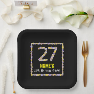 27th Birthday: Floral Flowers Number, Custom Name Paper Plates