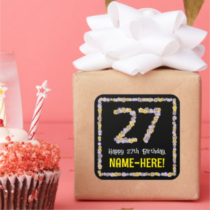 27th Birthday: Floral Flowers Number, Custom Name Square Sticker