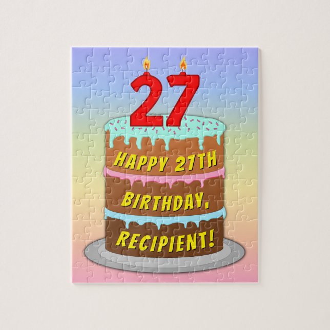 27th Birthday: Fun Cake and Candles + Custom Name Jigsaw Puzzle (Vertical)
