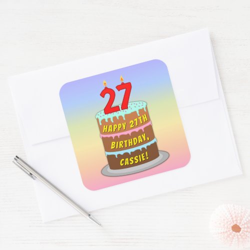 27th Birthday Fun Cake and Candles  Custom Name Square Sticker