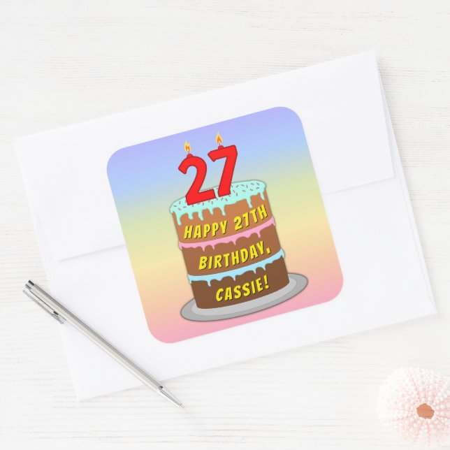 27th Birthday: Fun Cake and Candles + Custom Name Square Sticker (Envelope)