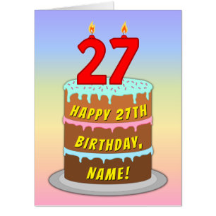 27th Birthday: Fun Cake & Candles, w/ Custom Name Card