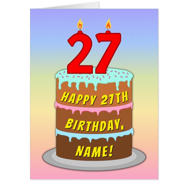 27th Birthday: Fun Cake & Candles, w/ Custom Name Card (Front)