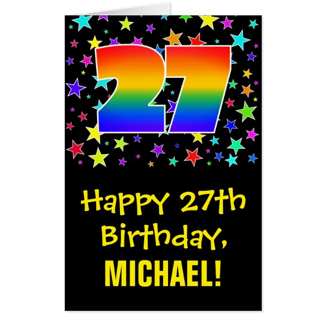 27th Birthday: Fun, Colorful Stars + Rainbow # 27 Card (Front)