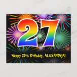 [ Thumbnail: 27th Birthday – Fun Fireworks Pattern + Rainbow 27 Postcard ]
