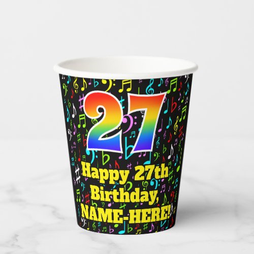 27th Birthday Fun Music Notes Pattern Rainbow 27 Paper Cups